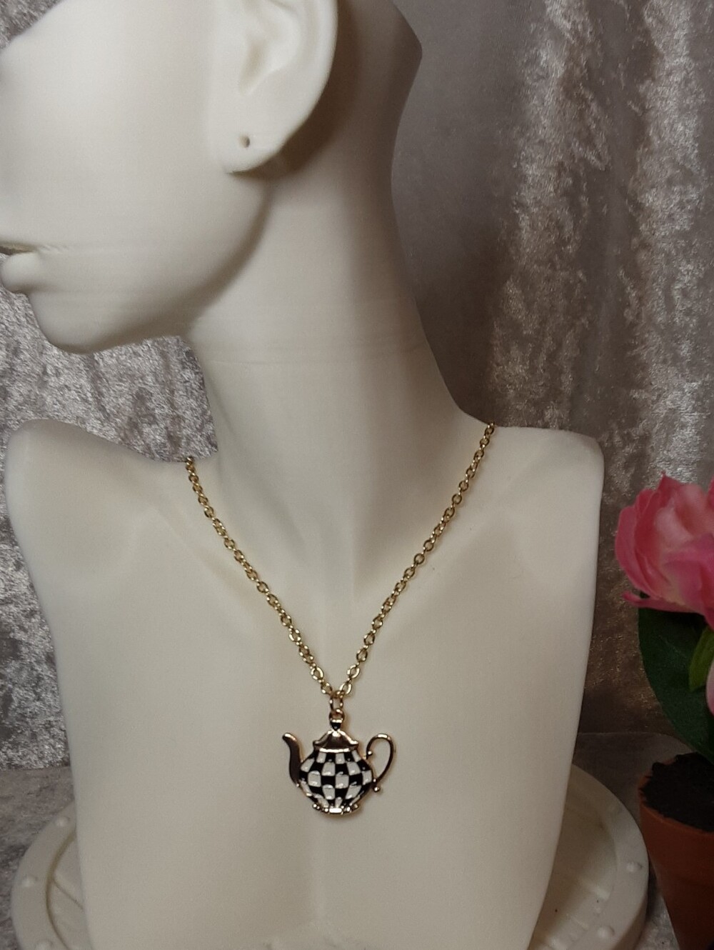 Handmde Teapot Pendant Necklace with Black & White Enamel - Women Jewelry
